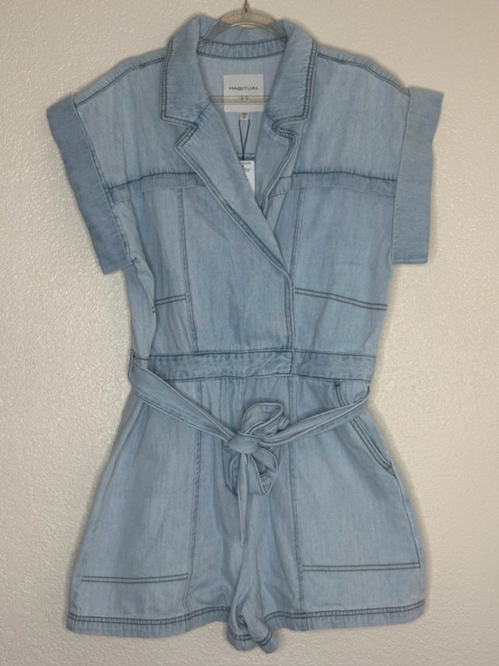 Habitual Chambray Belted Utility Romper Short Sleeve Denim Look Jumpsuit NWT